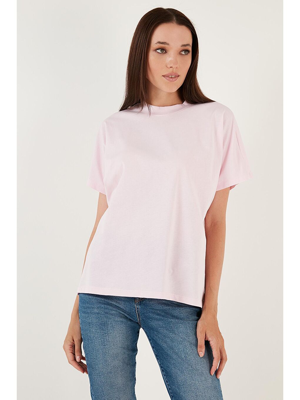 Lela Açık Pembe Oversize % 100 Pamuk Bisiklet Yaka Basic T Shirt 5864489 - 3