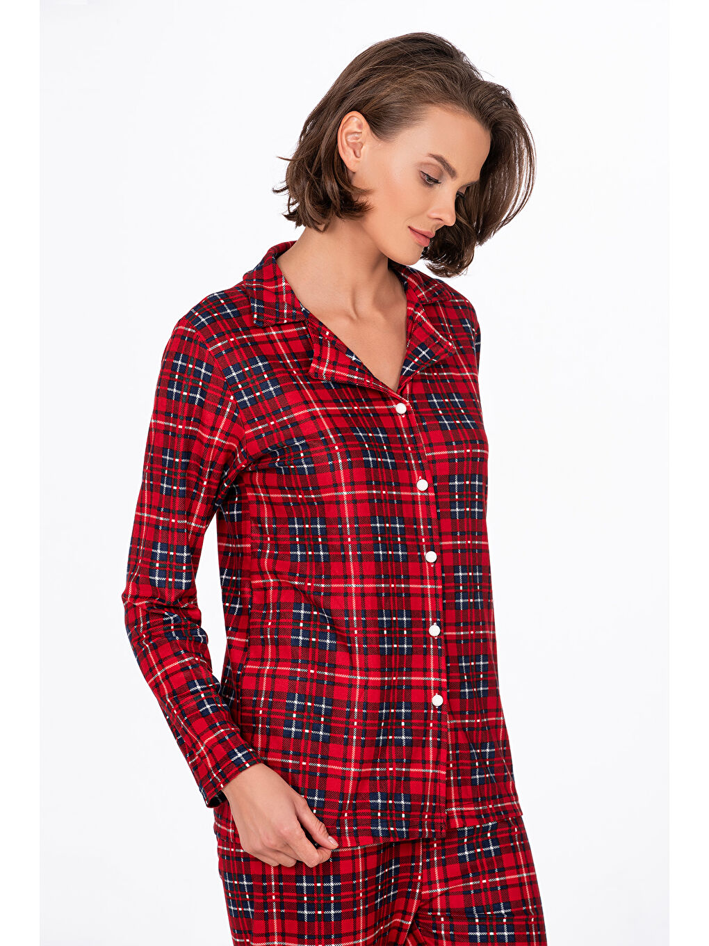 Kadın Süet Önden Düğmeli Pijama Takımı | Ekose Kırmızı-1