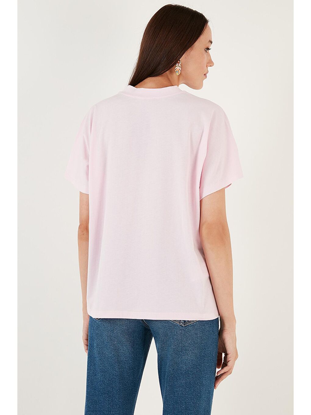 Lela Açık Pembe Oversize % 100 Pamuk Bisiklet Yaka Basic T Shirt 5864489 - 4