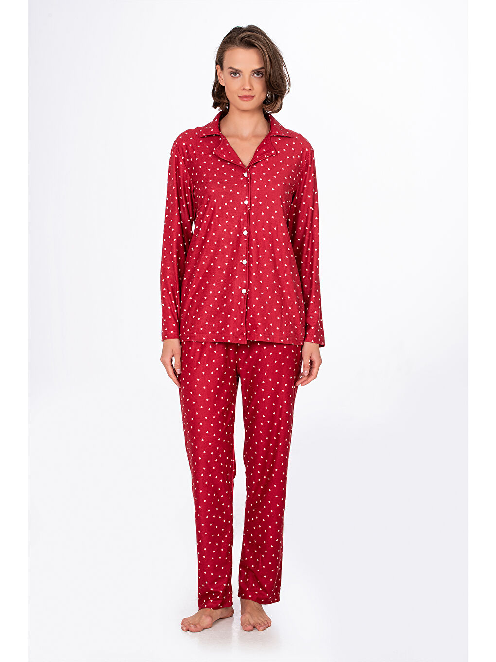Kadın Süet Önden Düğmeli Pijama Takımı | Kalpli Kırmızı