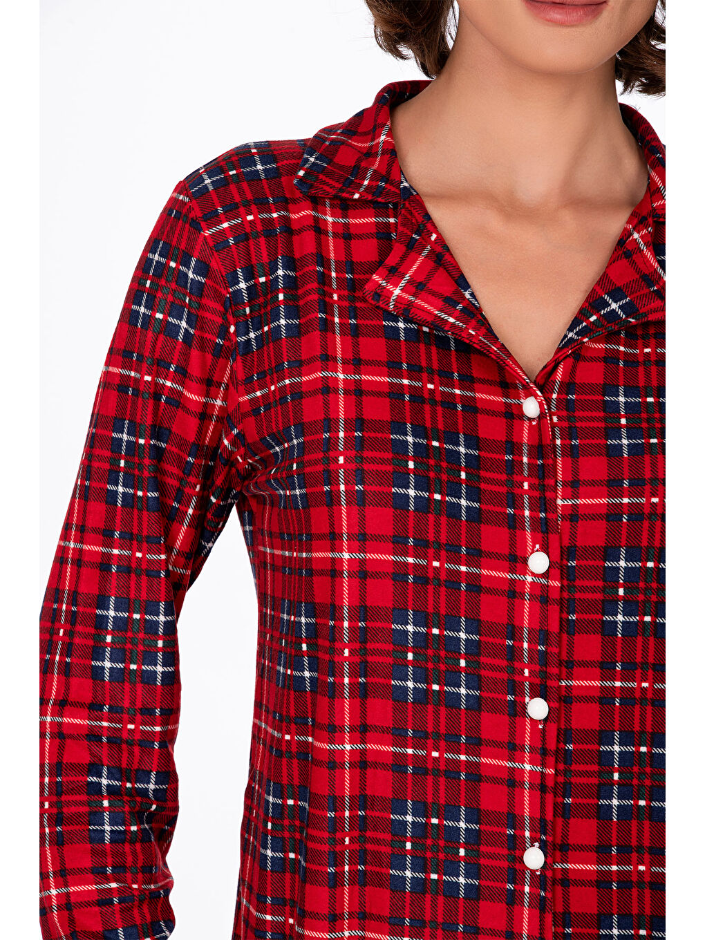 Kadın Süet Önden Düğmeli Pijama Takımı | Ekose Kırmızı-2