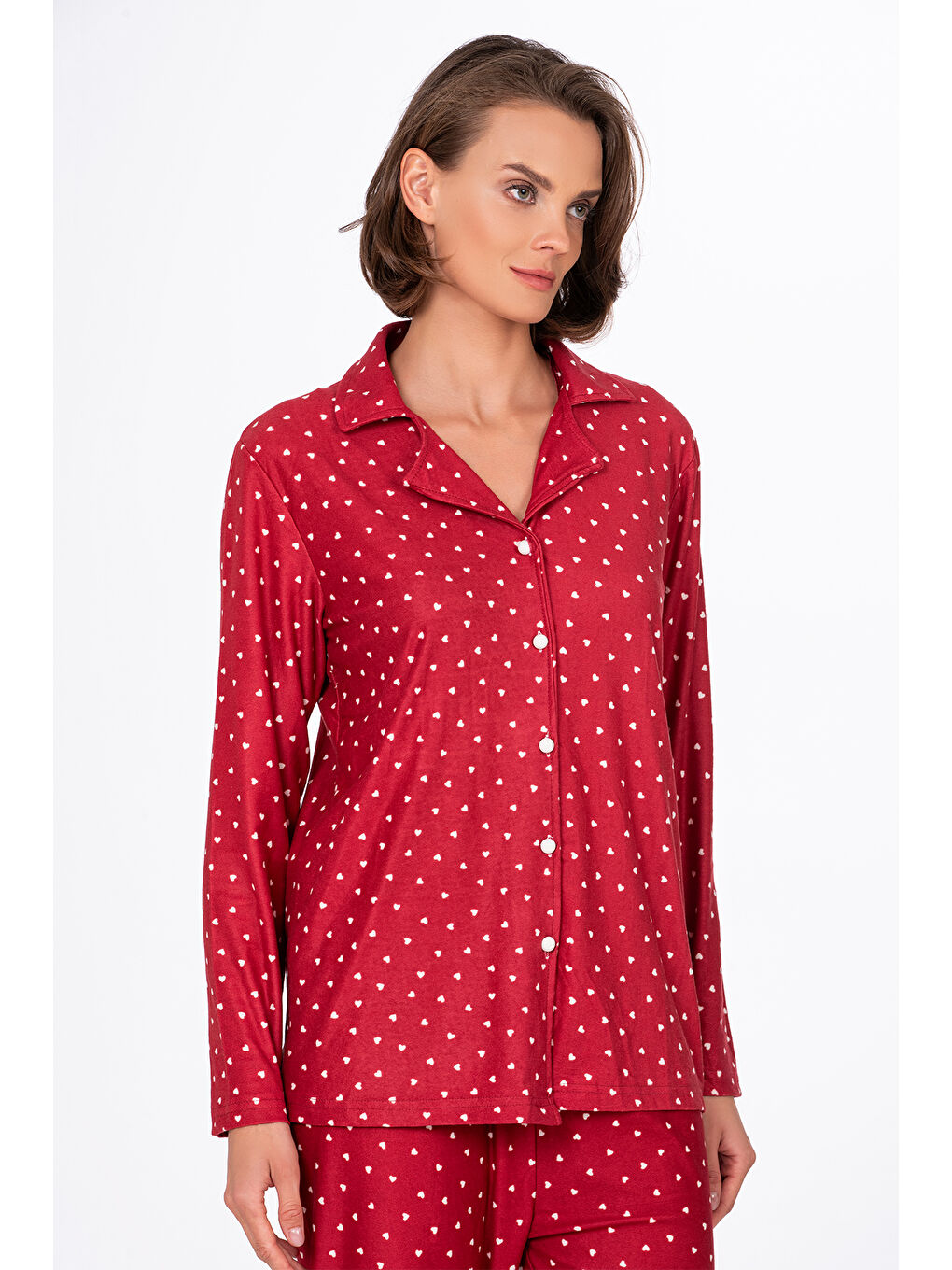Kadın Süet Önden Düğmeli Pijama Takımı | Kalpli Kırmızı-1