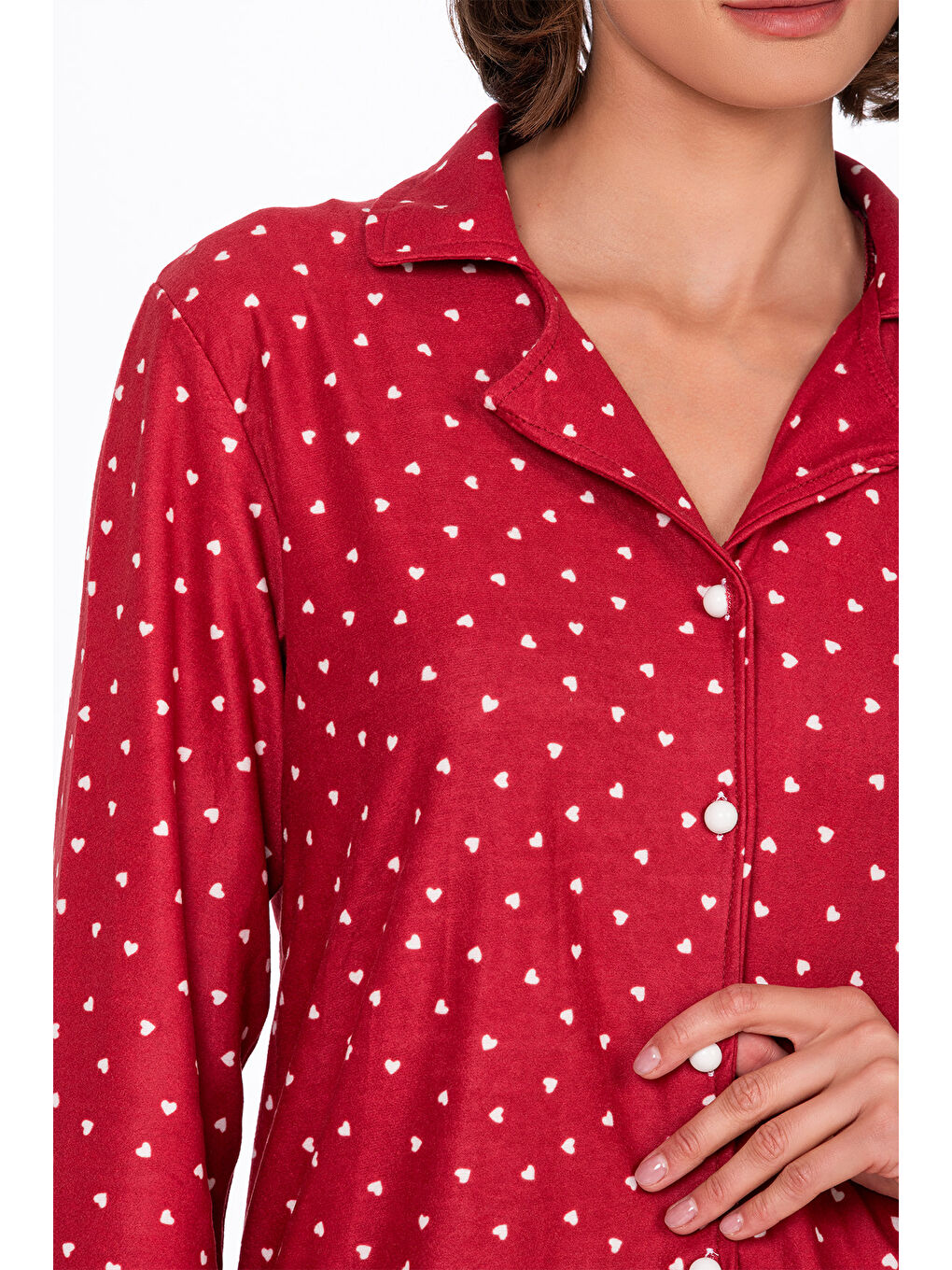 Kadın Süet Önden Düğmeli Pijama Takımı | Kalpli Kırmızı-2