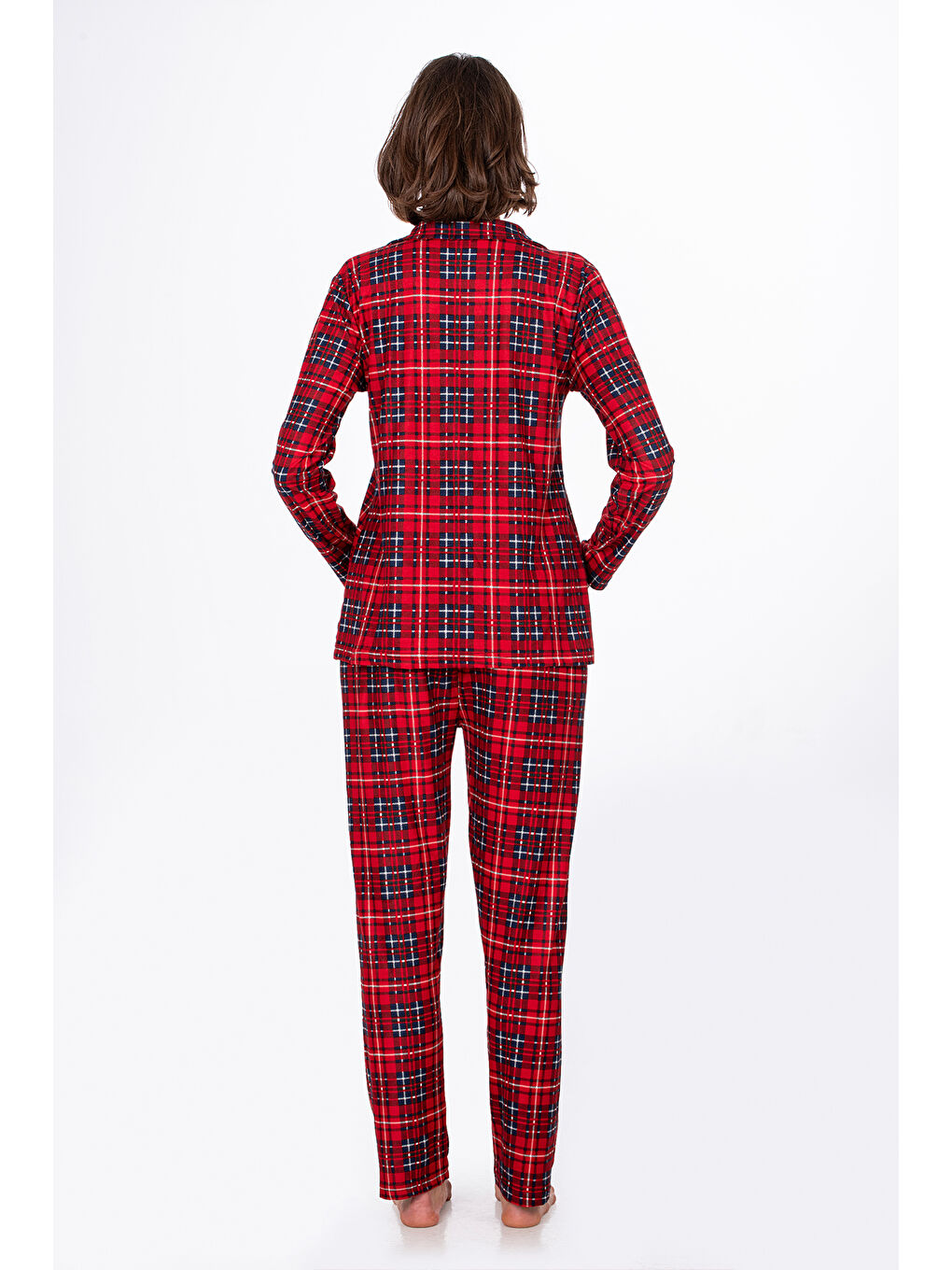 Kadın Süet Önden Düğmeli Pijama Takımı | Ekose Kırmızı-3