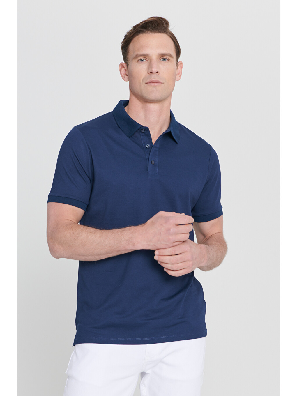 Erkek Lacivert Slim Fit Dar Kesim Kıvrılmaz Polo Yaka Kısa Kollu Tişört-4