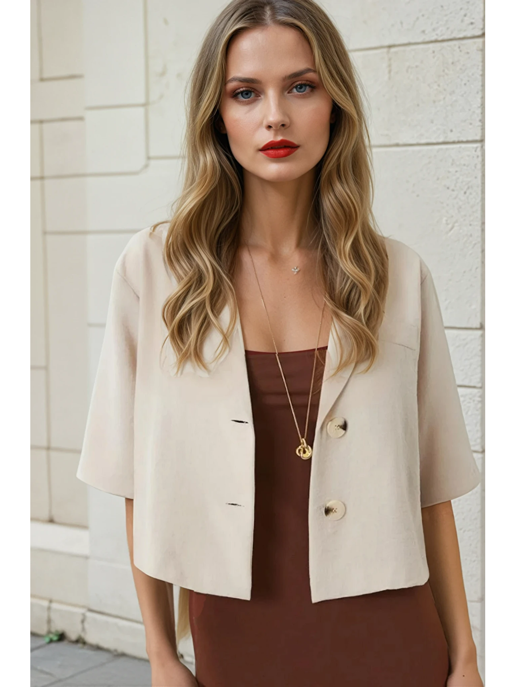 Kadın Bej Kısa Kollu Şal Yaka Düğmeli Mevsimlik Keten Ayrobin Ceket HZL24S-BD107061-1