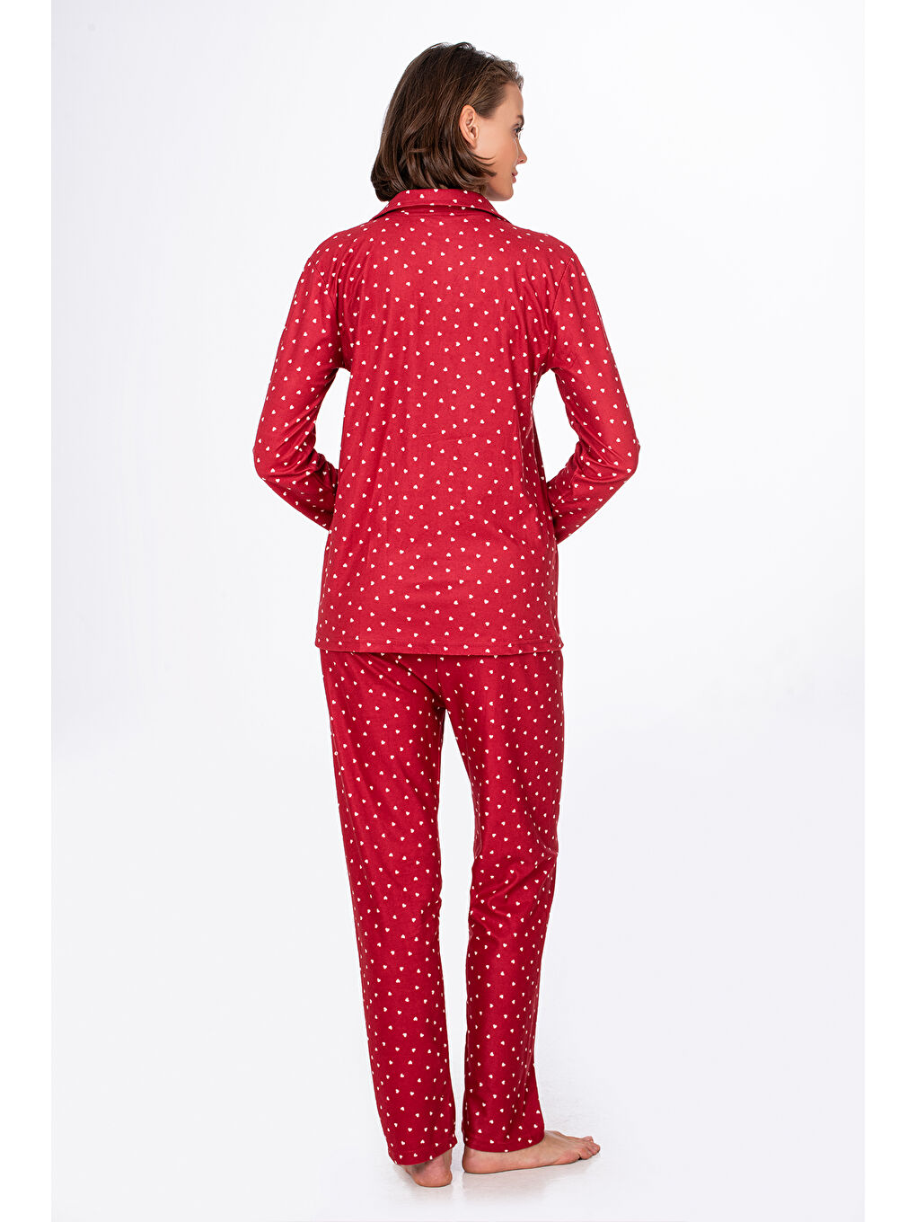 Kadın Süet Önden Düğmeli Pijama Takımı | Kalpli Kırmızı-3