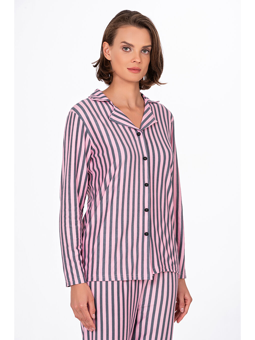 Kadın Süet Önden Düğmeli Pijama Takımı | Çizgili Pembe-1