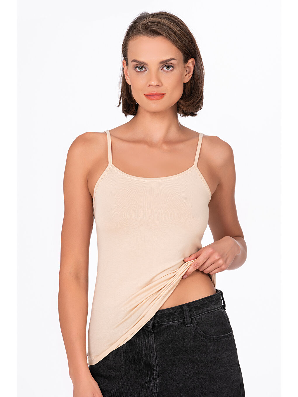 Bej Kadın Pamuklu Modal Esnek Rahat Biyeli İp Askılı Atlet Ten | K24264-2