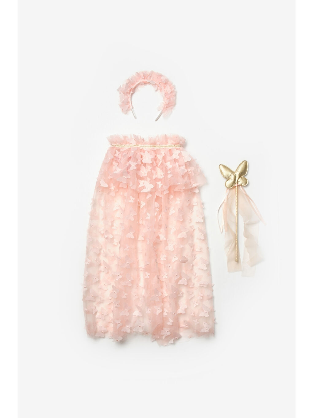 Pembe Somon Kelebek Aplikeli Kız Çocuk Pelerin Asa Taç Set-1