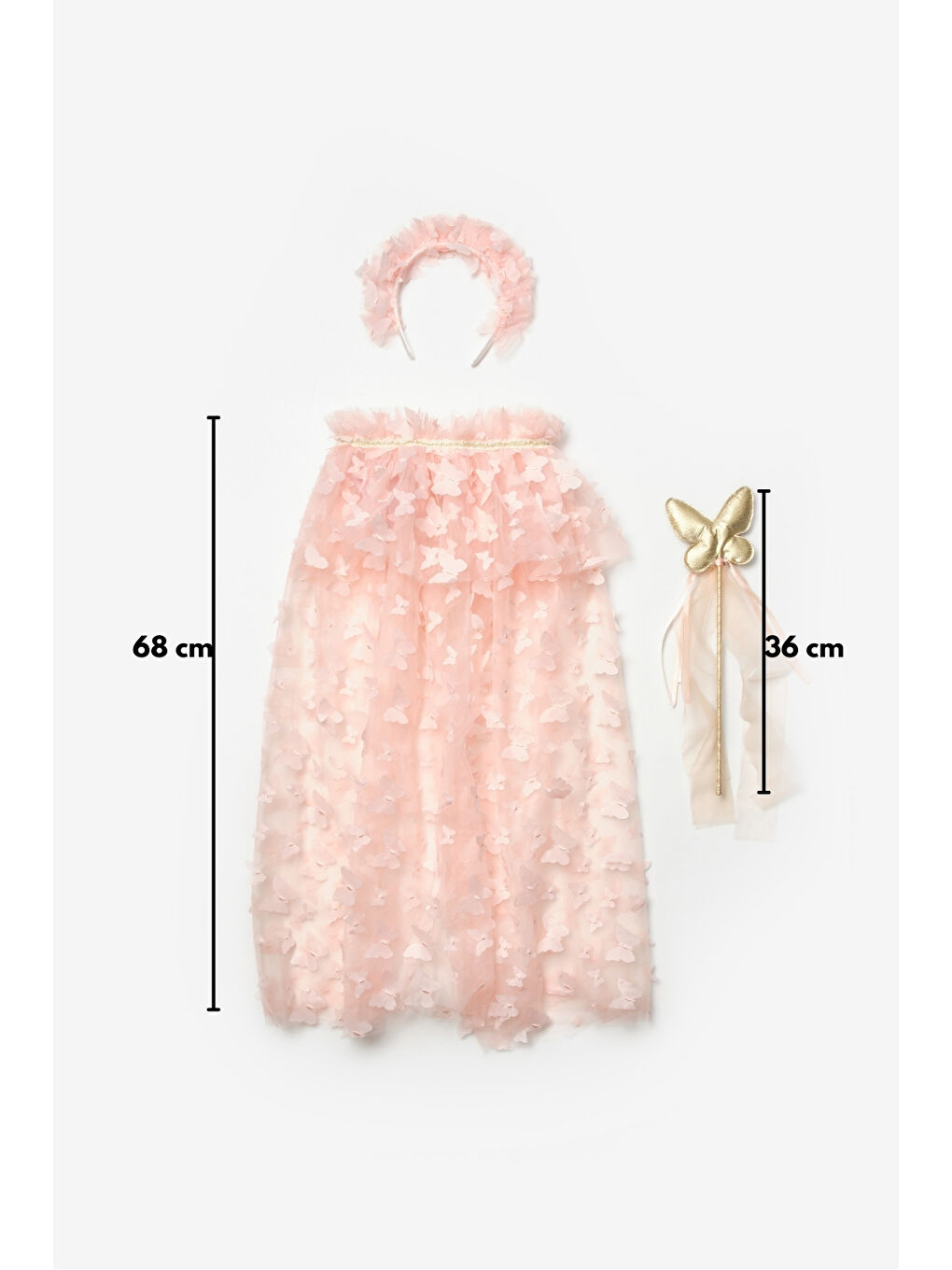 Pembe Somon Kelebek Aplikeli Kız Çocuk Pelerin Asa Taç Set-3