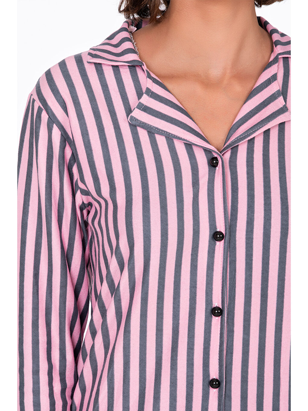 Kadın Süet Önden Düğmeli Pijama Takımı | Çizgili Pembe-2