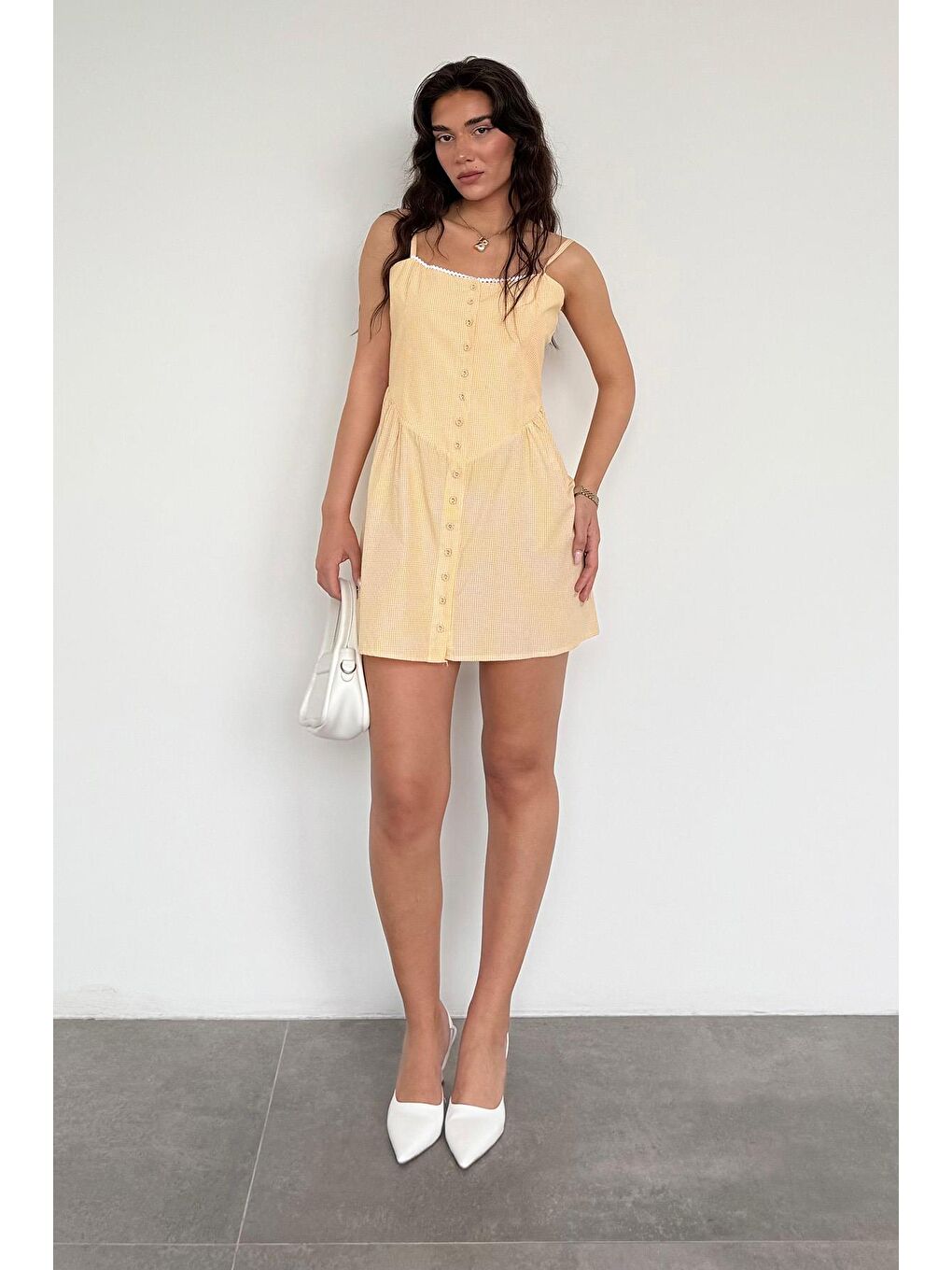 Sarı Pötikareli Kadın Mini Elbise Mg2387