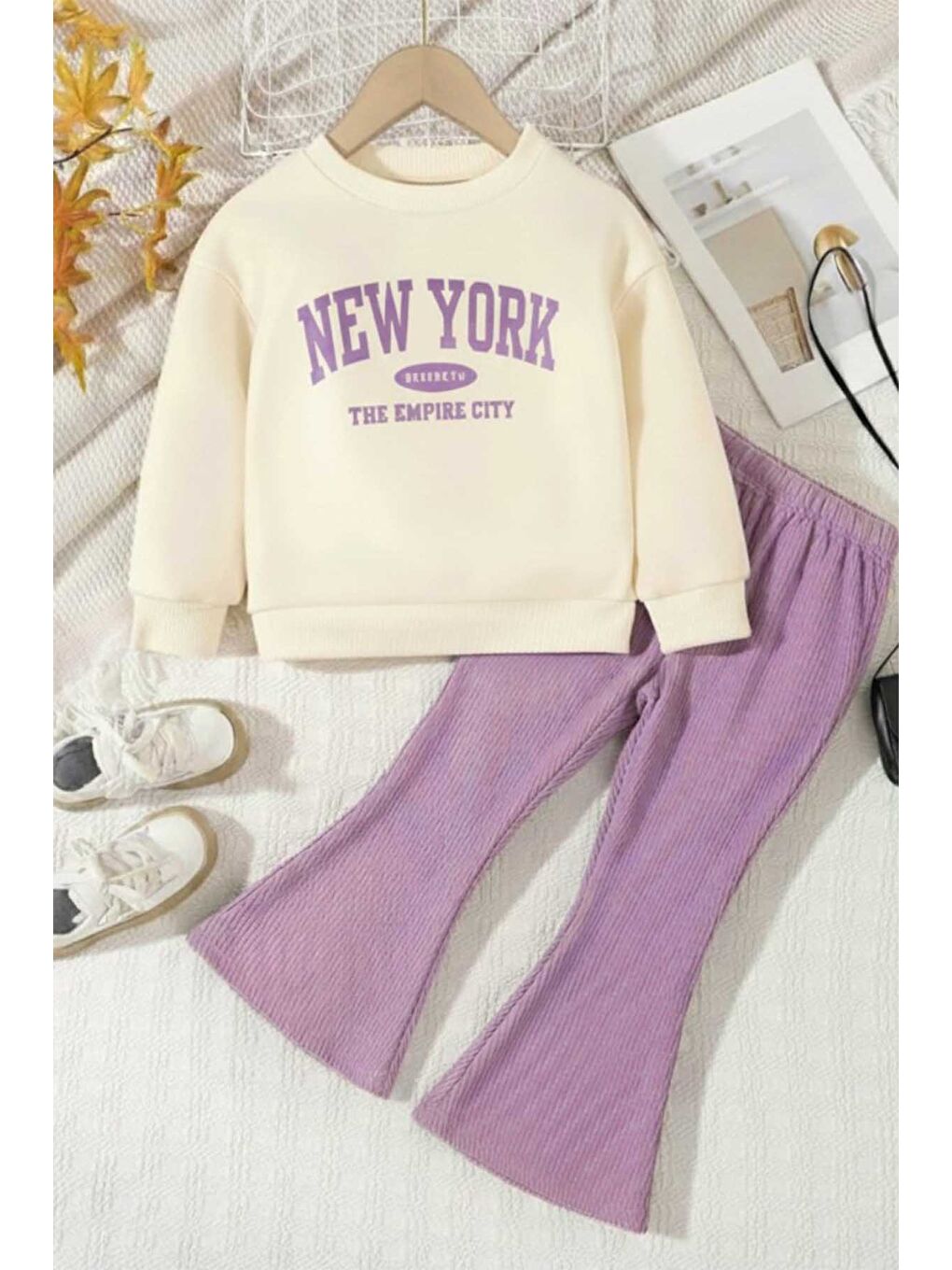 Lila İki Parça Çocuk İspanyol Pantolon ve Baskılı Sweat