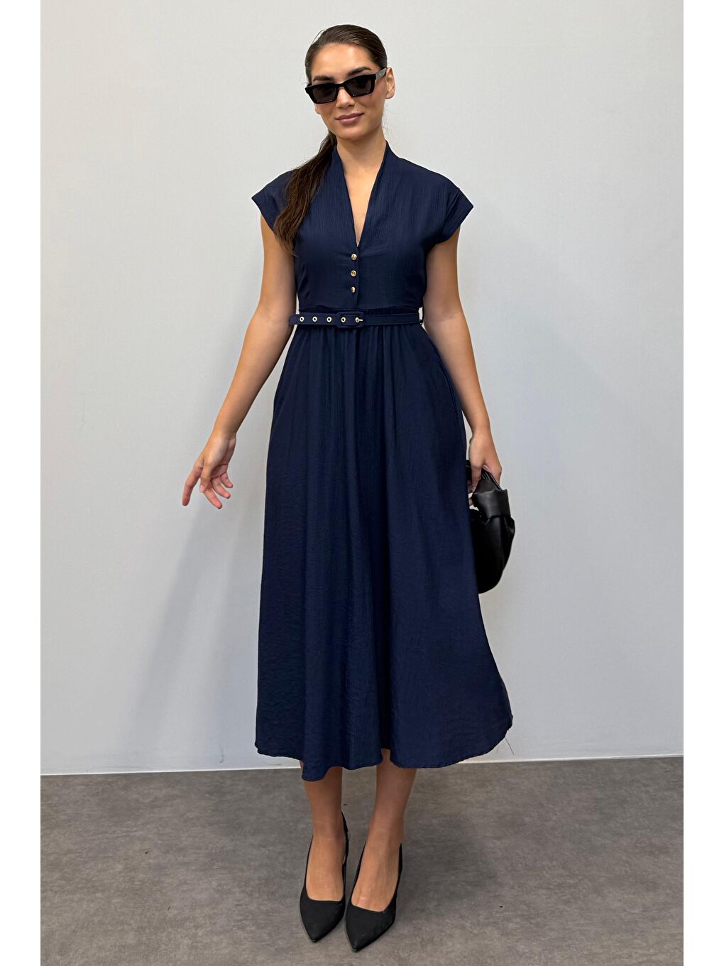 Lacivert Kısa Kollu Midi Boy Kadın Elbise Mg2497-1