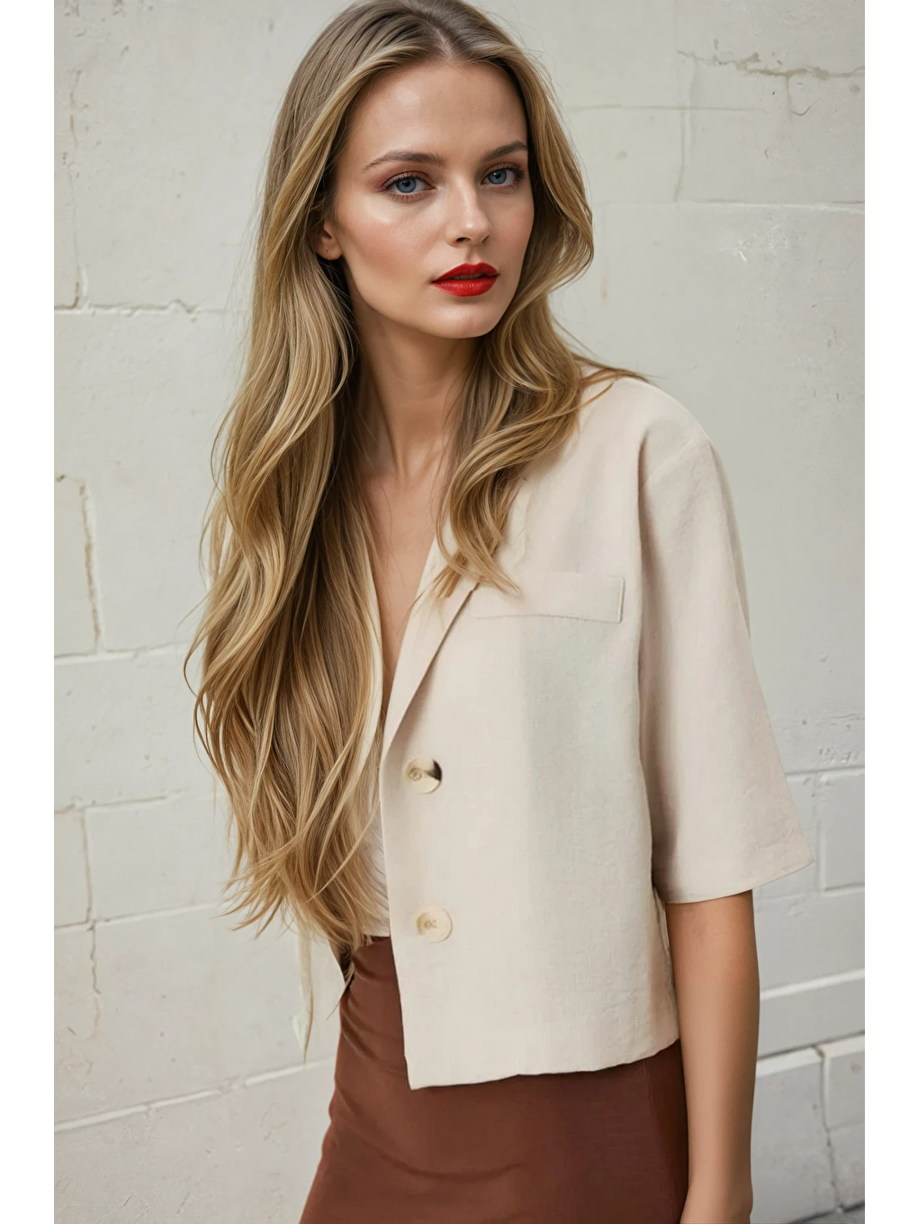 Kadın Bej Kısa Kollu Şal Yaka Düğmeli Mevsimlik Keten Ayrobin Ceket HZL24S-BD107061-2