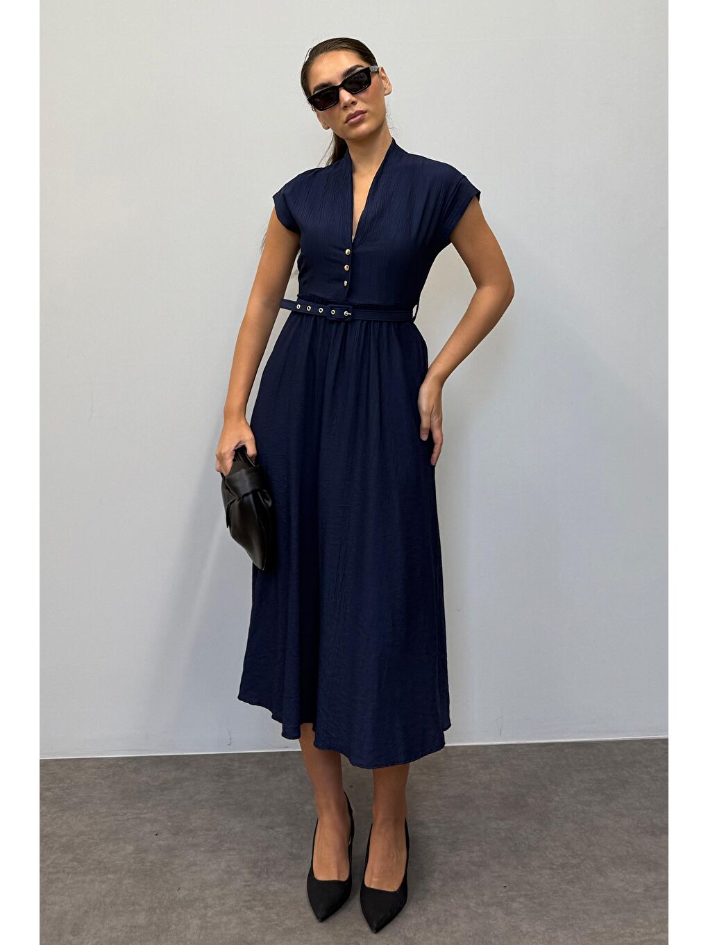 Lacivert Kısa Kollu Midi Boy Kadın Elbise Mg2497-2