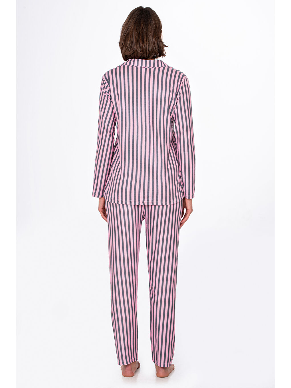 Kadın Süet Önden Düğmeli Pijama Takımı | Çizgili Pembe-3
