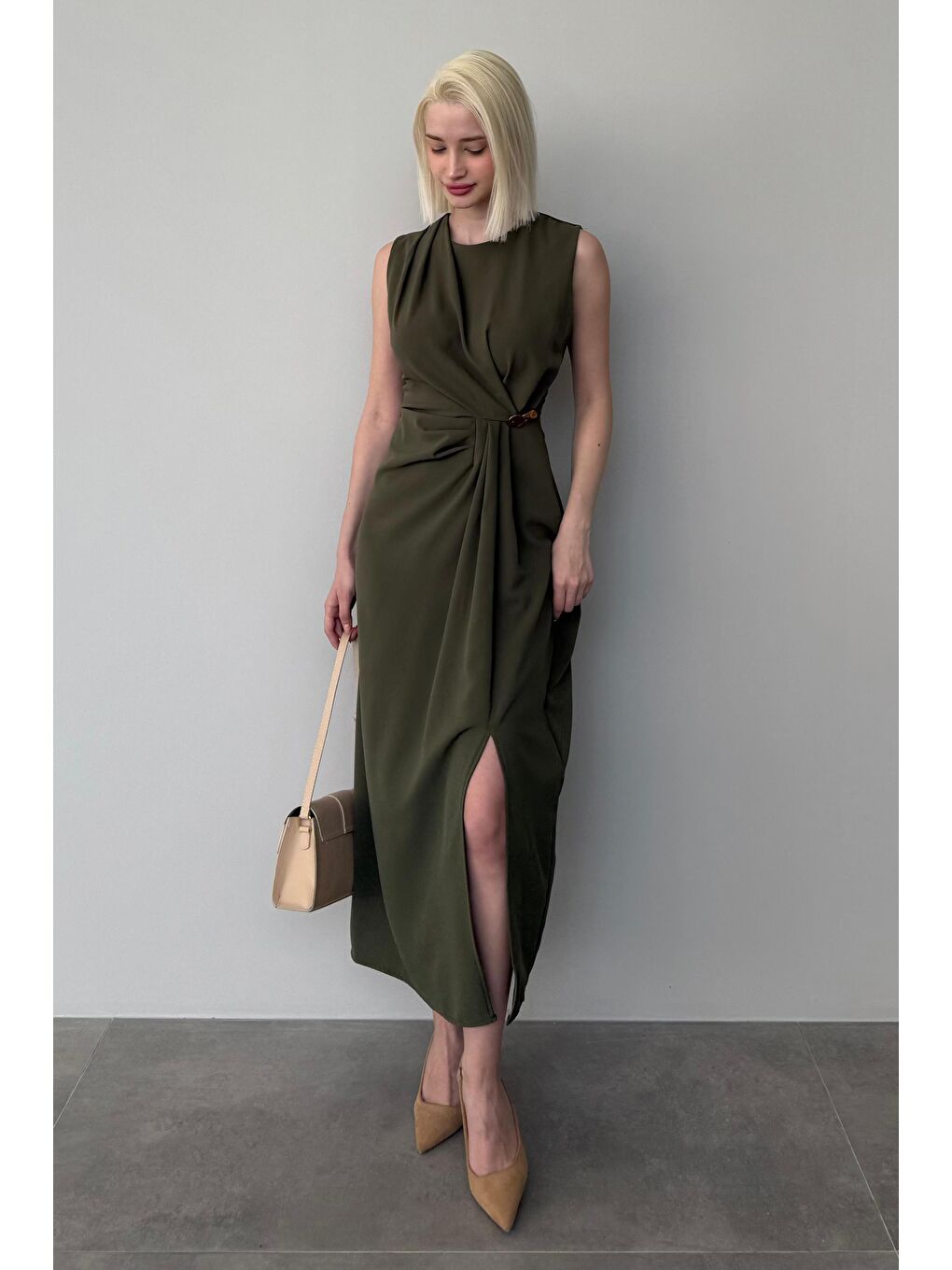 Haki Bronşlu Midi Boy Kadın Elbise Mg2418