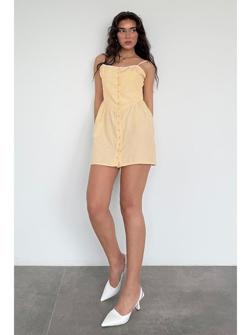 Sarı Pötikareli Kadın Mini Elbise Mg2387-2