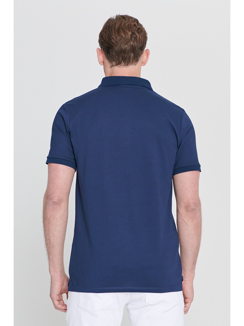 Erkek Lacivert Slim Fit Dar Kesim Kıvrılmaz Polo Yaka Kısa Kollu Tişört-6