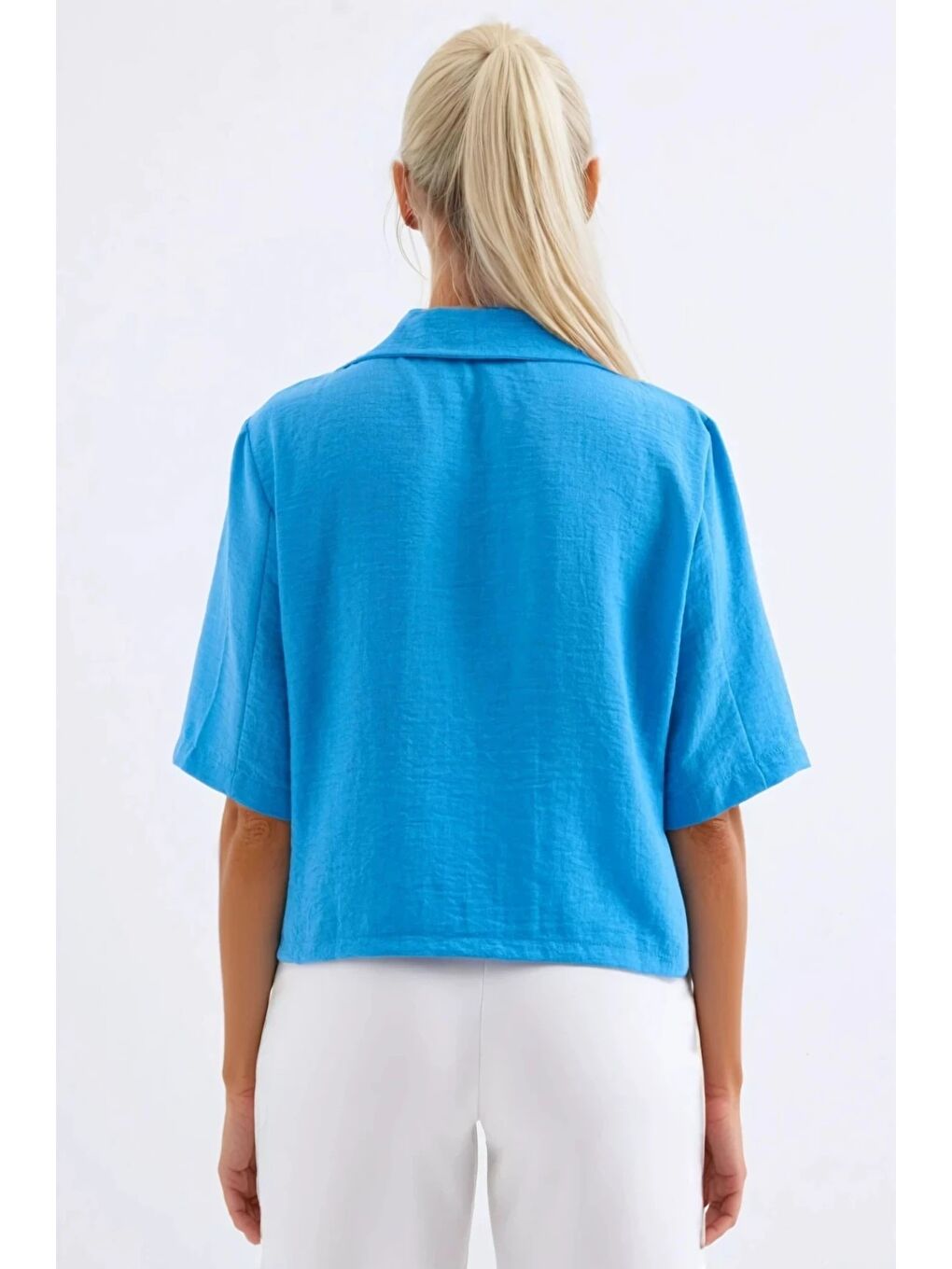 Kadın Mavi Kısa Kollu Şal Yaka Düğmeli Mevsimlik Keten Ayrobin Ceket HZL24S-BD107061-2