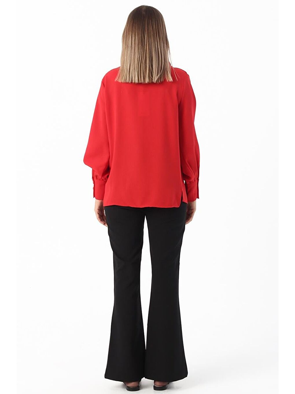 Kırmızı Gipeli Fırfırlı Doğal Kumaş Bluz-3