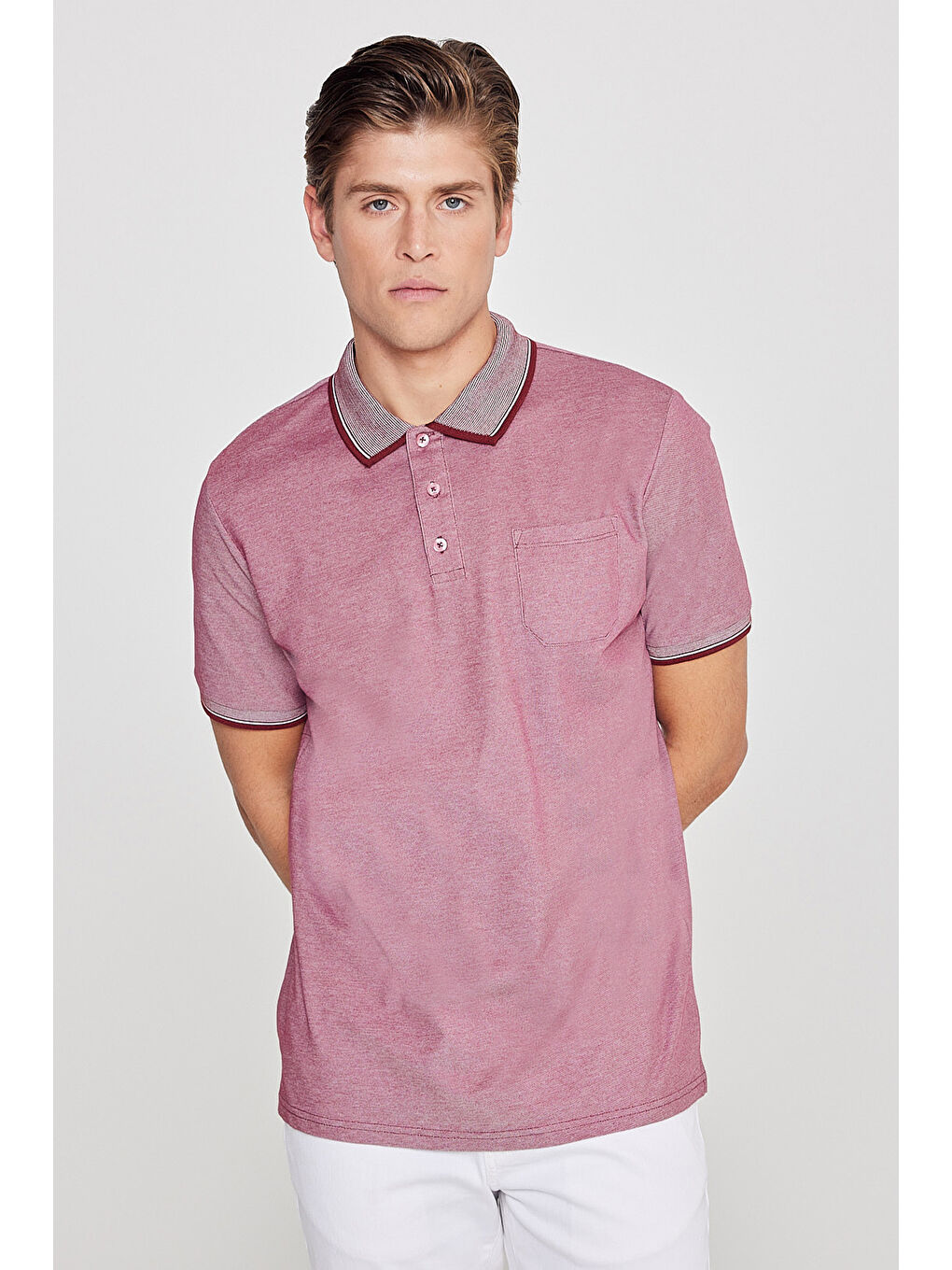 Erkek Bordo Pamuklu Comfort Fit Rahat Kesim Polo Yaka Cepli Tişört-2