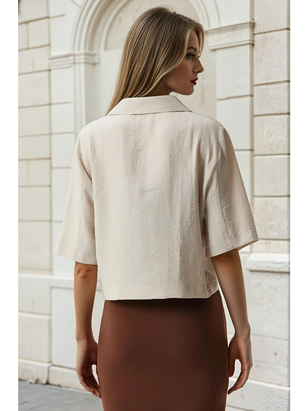 Kadın Bej Kısa Kollu Şal Yaka Düğmeli Mevsimlik Keten Ayrobin Ceket HZL24S-BD107061-3