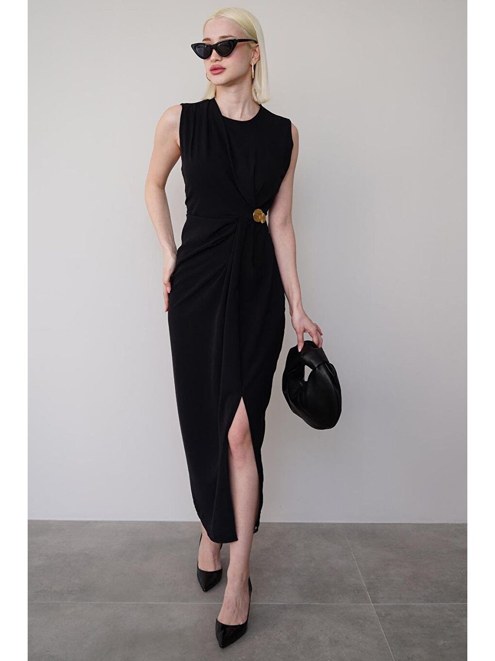 Siyah Bronşlu Midi Boy Kadın Elbise Mg2418