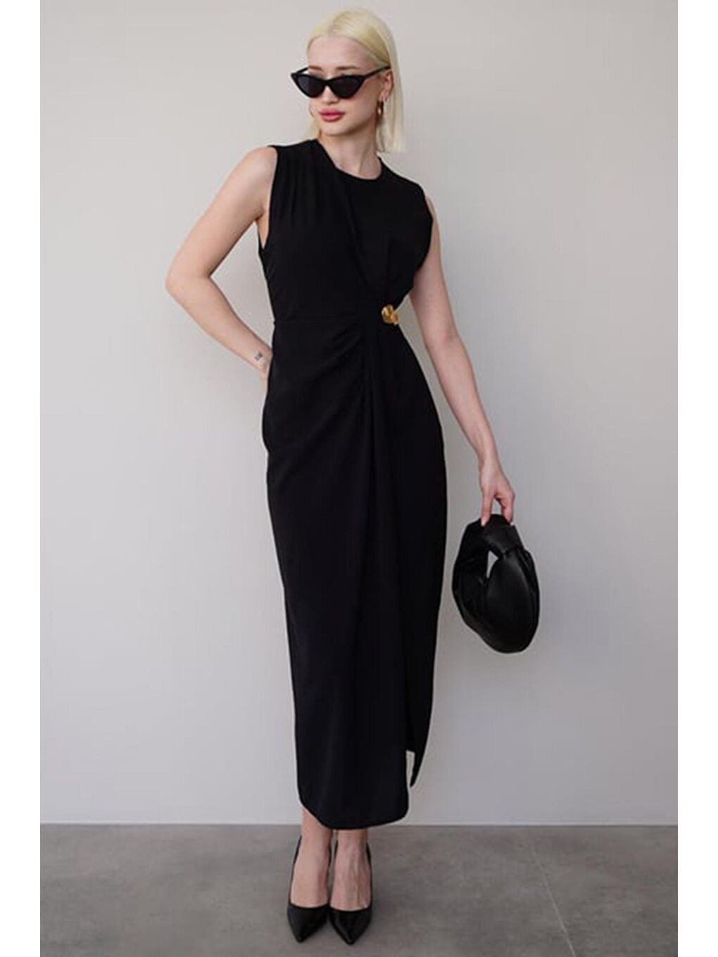 Siyah Bronşlu Midi Boy Kadın Elbise Mg2418-1