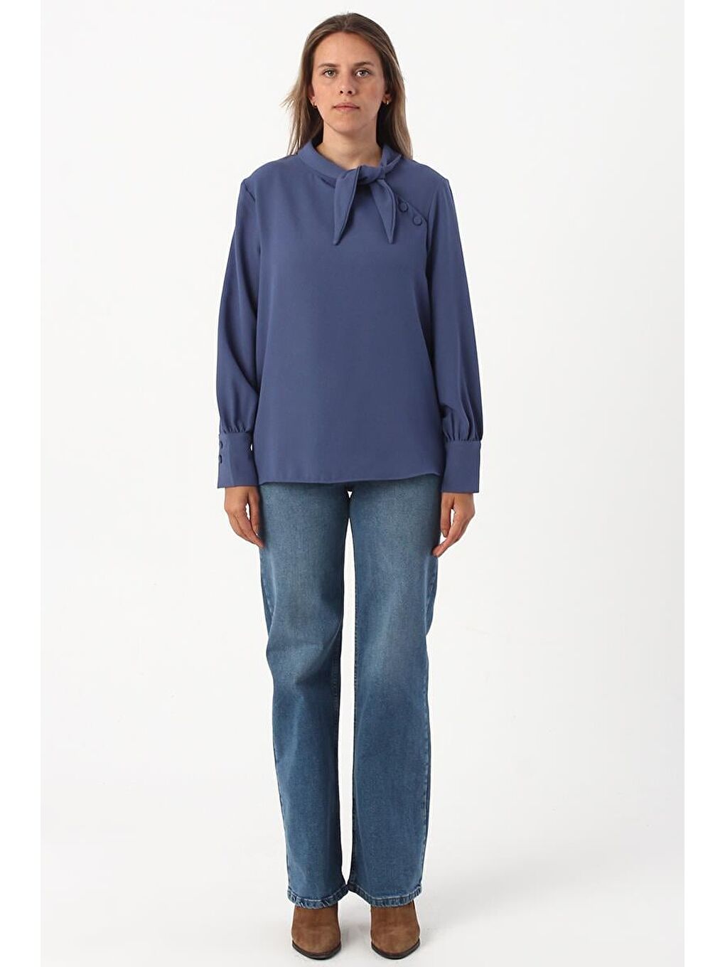 Mavi Gipeli Fırfırlı Doğal Kumaş Bluz-1