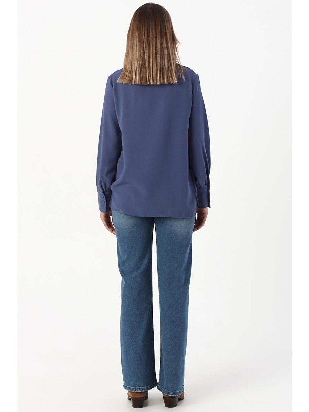 Mavi Gipeli Fırfırlı Doğal Kumaş Bluz-3