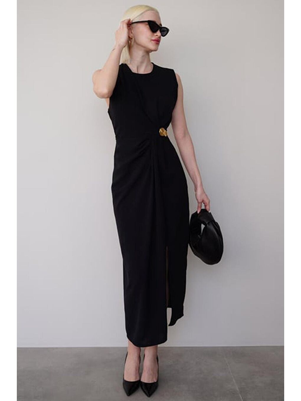 Siyah Bronşlu Midi Boy Kadın Elbise Mg2418-2