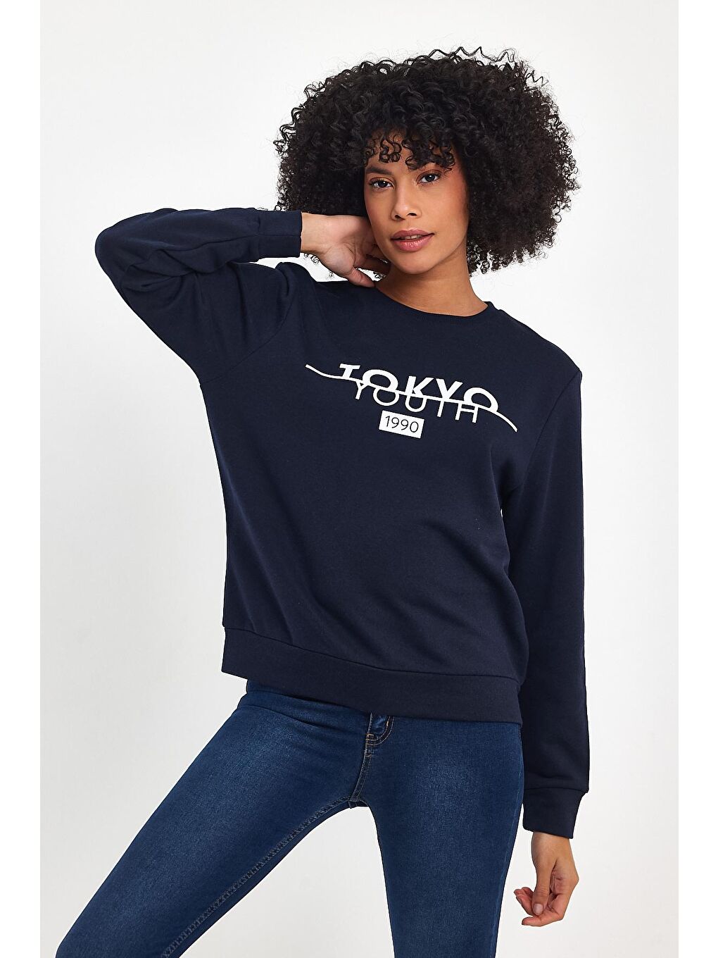 Lacivert Kadın Bisiklet Yaka Rahat Kalıp 3 iplik Kalın Tokyo Baskılı Sweatshirt SPR24SWk30-1