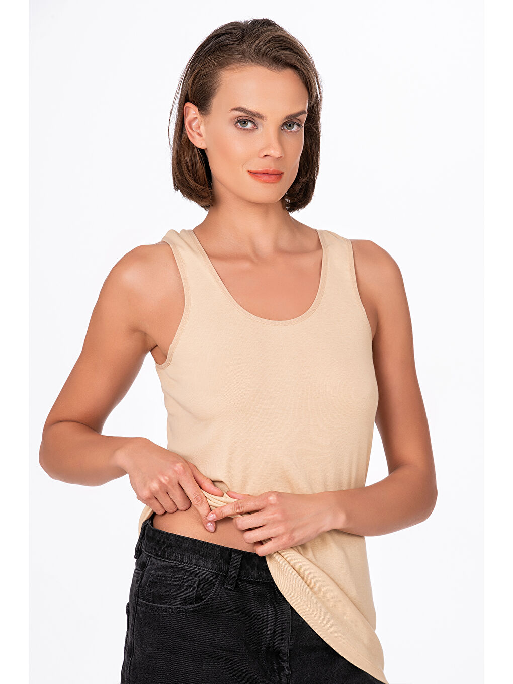 Bej Kadın Pamuklu Ribana Esnek Biyeli Kalın Askılı Örme Atlet Ten | K0111-2