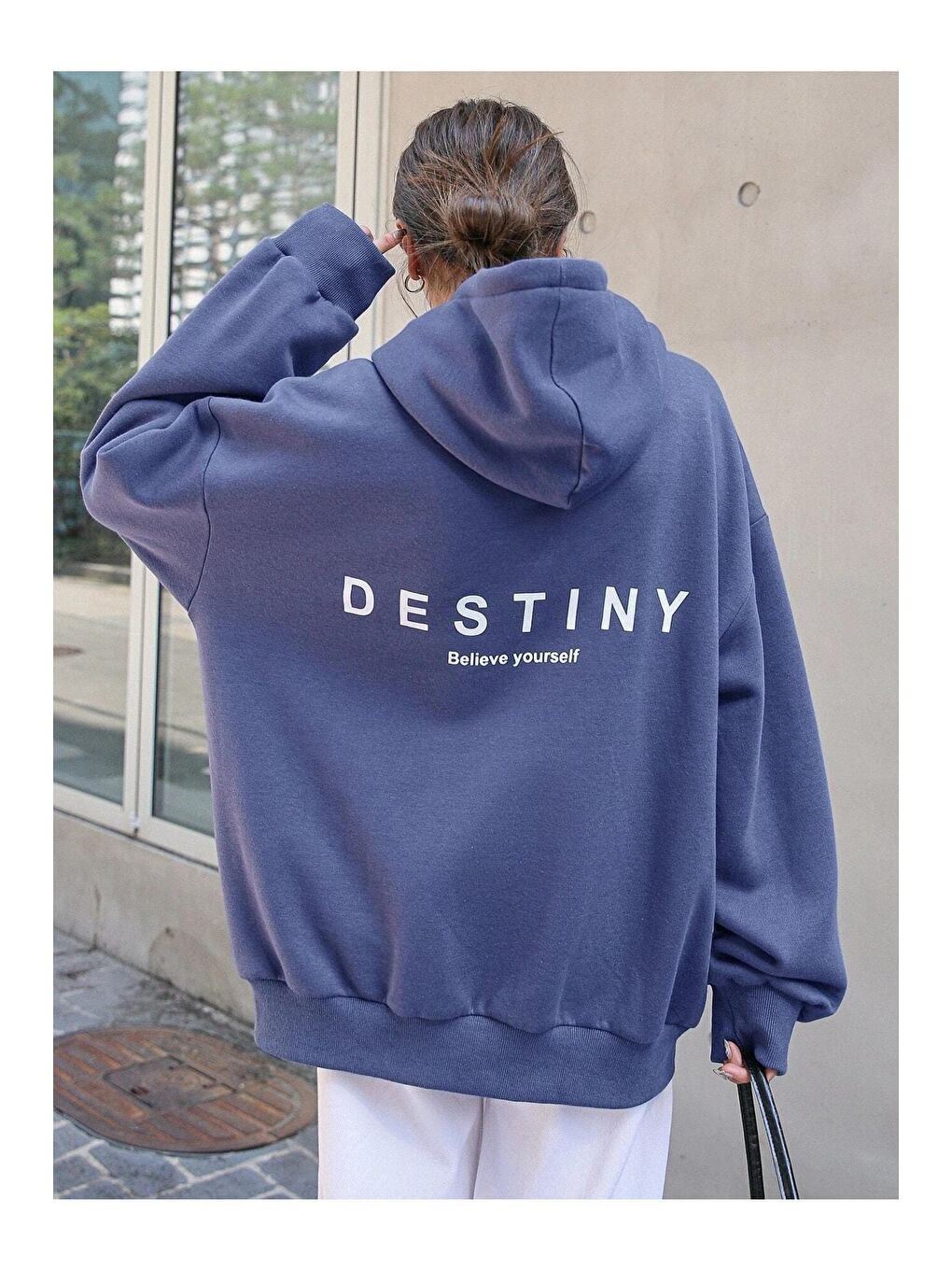 Trendseninle Mavi Destiny Tasarım Baskılı İndigo Mavi Sweatshirt