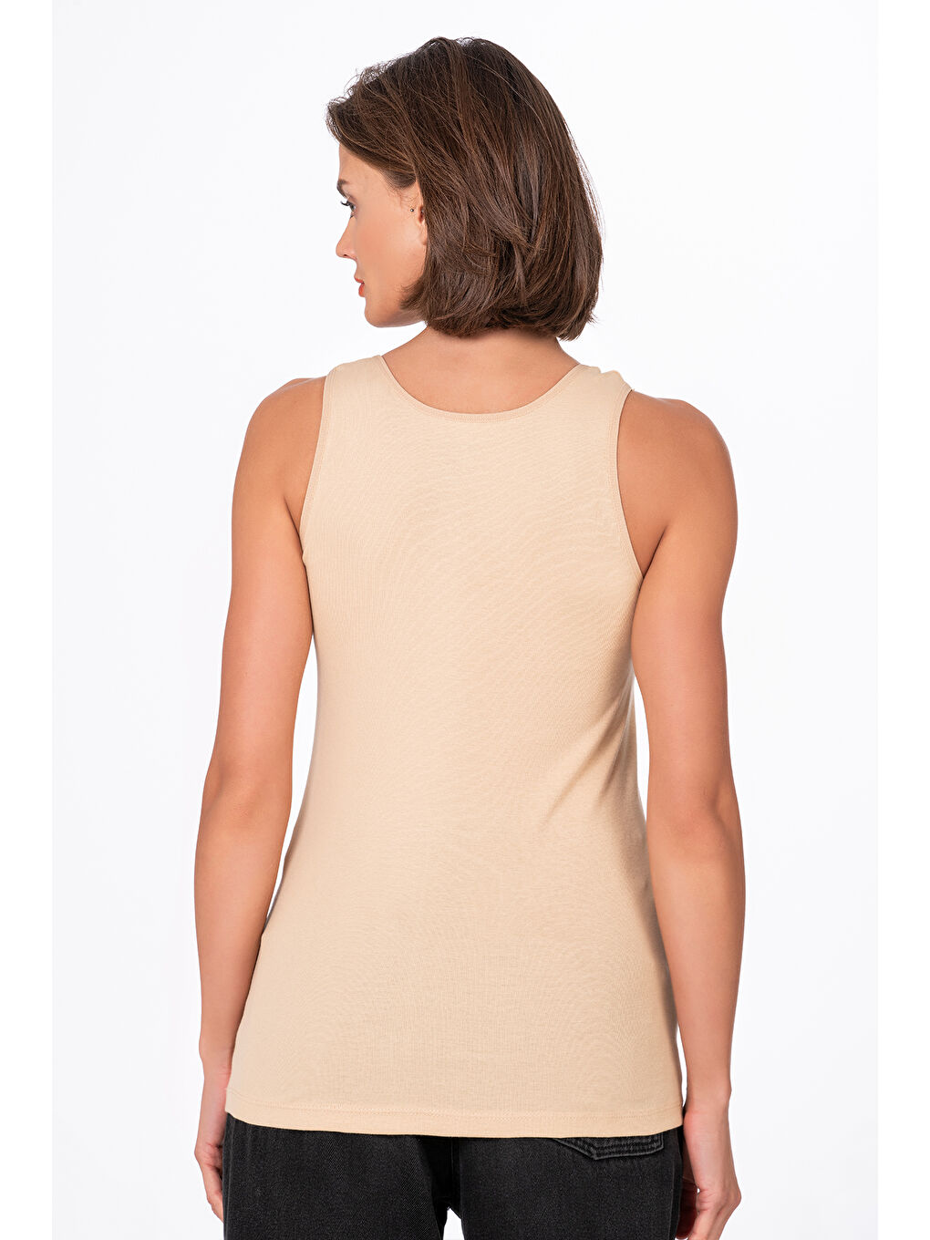 Bej Kadın Pamuklu Ribana Esnek Biyeli Kalın Askılı Örme Atlet Ten | K0111-3