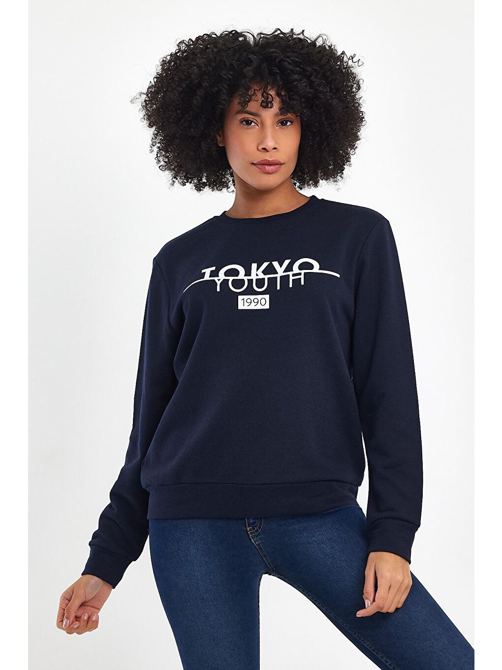 Lacivert Kadın Bisiklet Yaka Rahat Kalıp 3 iplik Kalın Tokyo Baskılı Sweatshirt SPR24SWk30-3