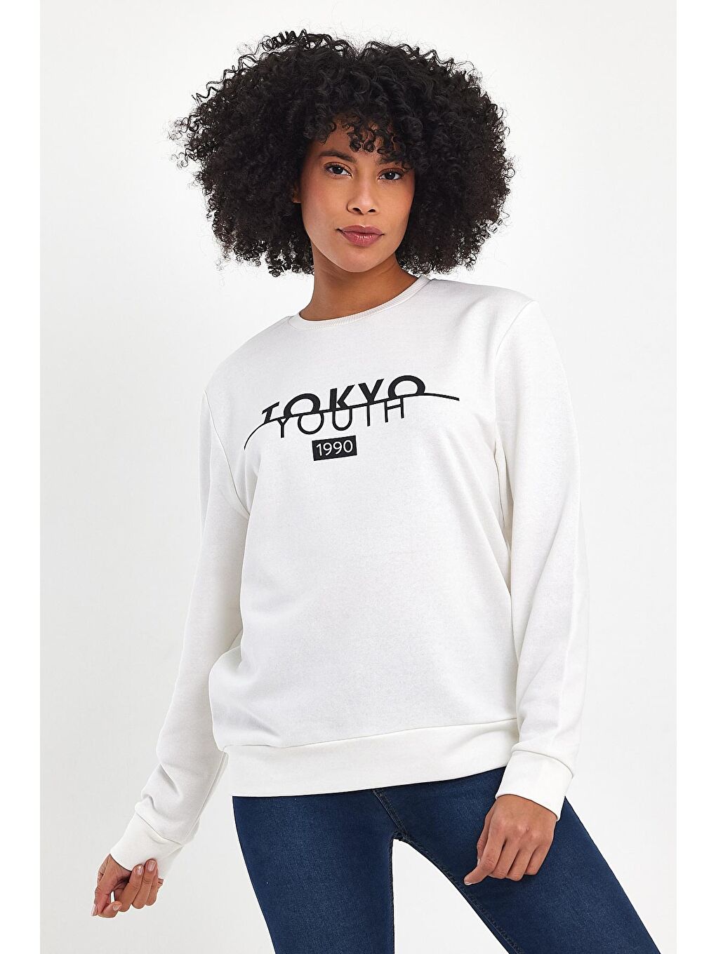 Ekru Kadın Bisiklet Yaka Rahat Kalıp 3 iplik Kalın Tokyo Baskılı Sweatshirt SPR24SWk30-1