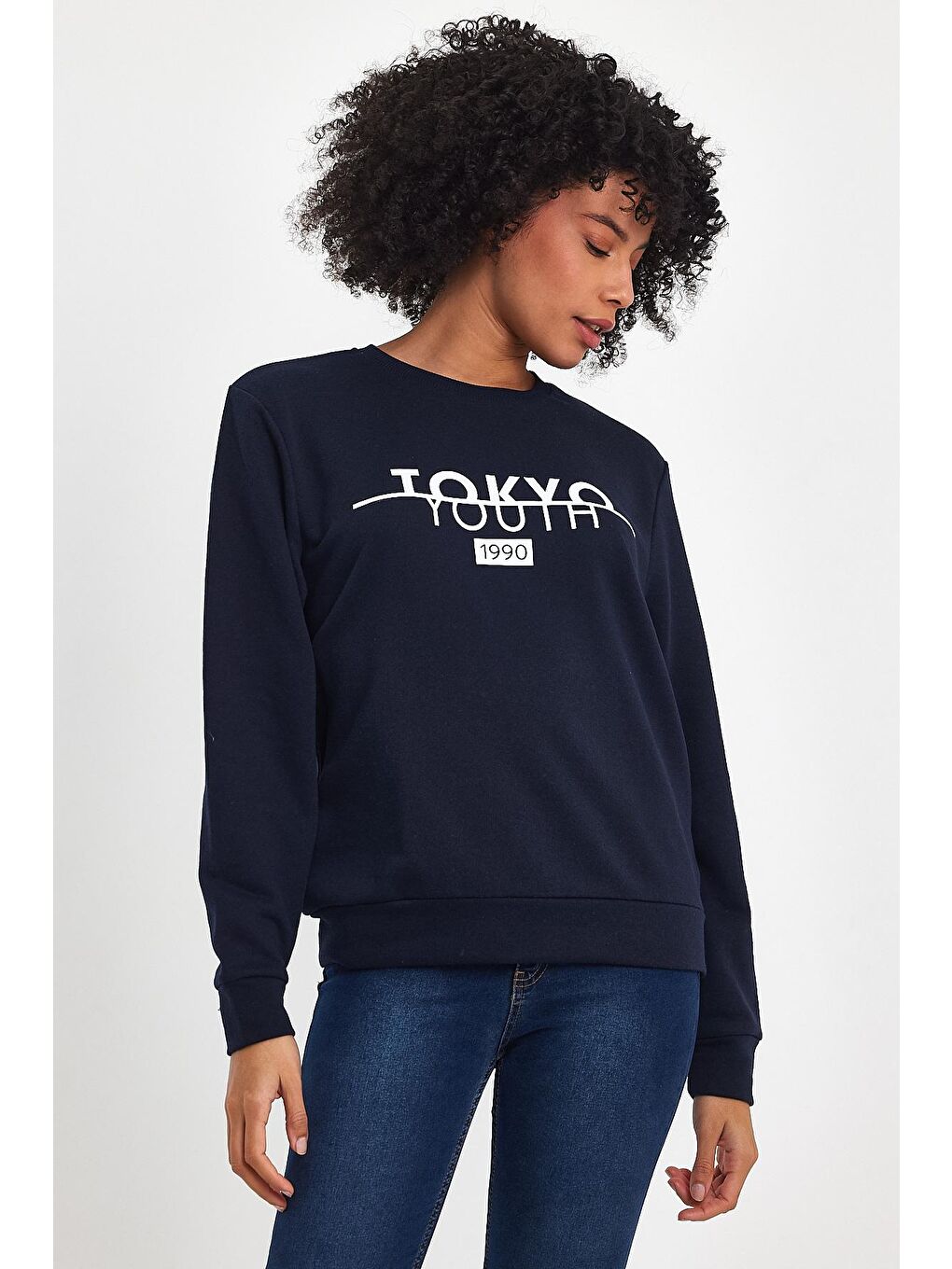 Lacivert Kadın Bisiklet Yaka Rahat Kalıp 3 iplik Kalın Tokyo Baskılı Sweatshirt SPR24SWk30-4
