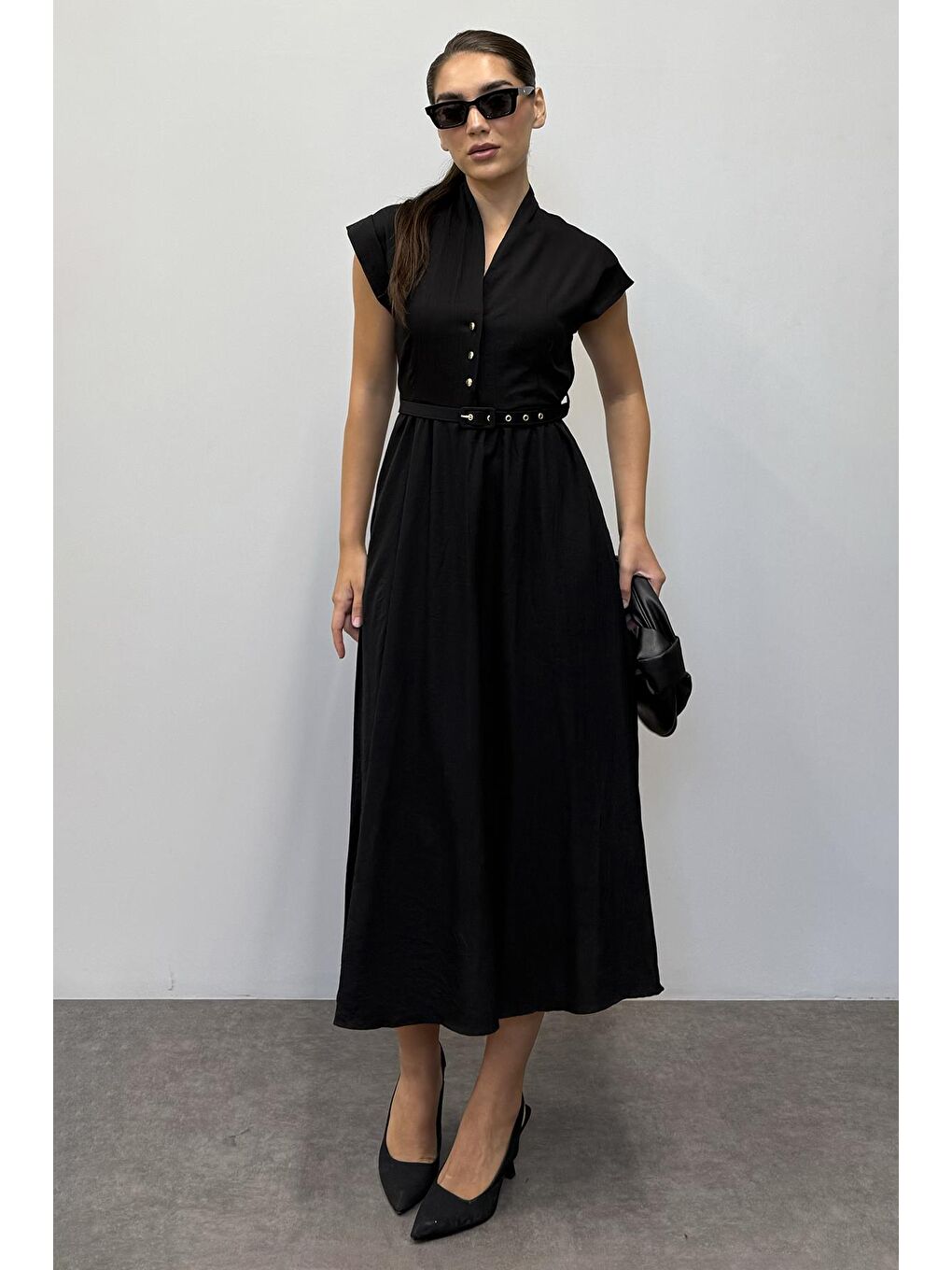 Siyah Kısa Kollu Midi Boy Kadın Elbise Mg2497-1