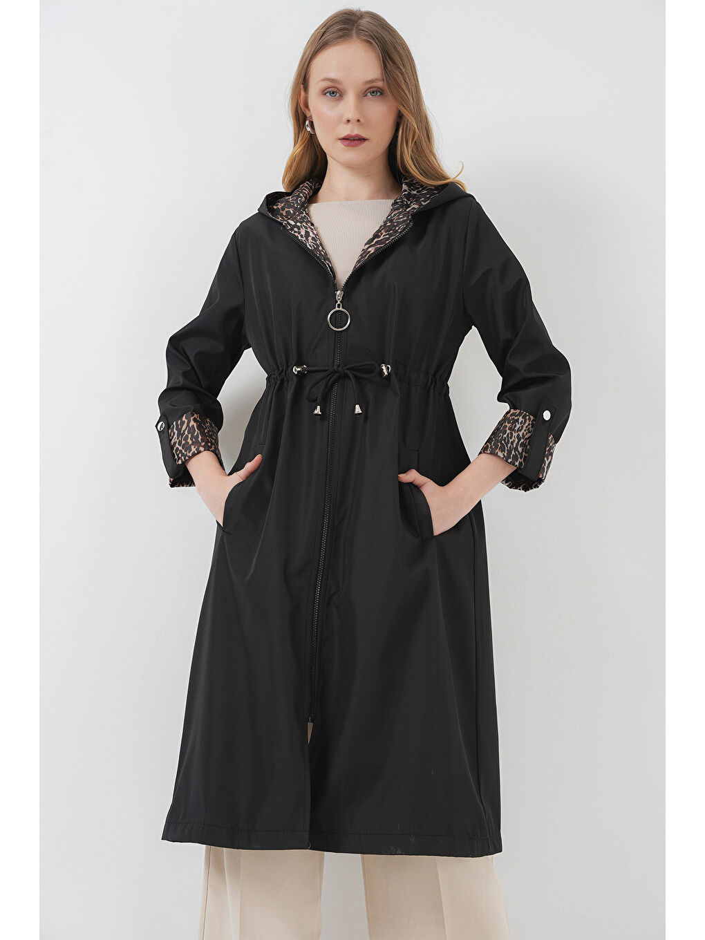 9091 Beli Büzgülü Kapüşonlu Trençkot - Siyah-2