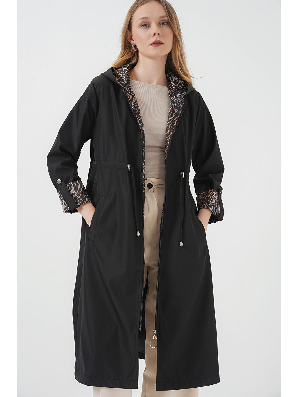 9091 Beli Büzgülü Kapüşonlu Trençkot - Siyah-3