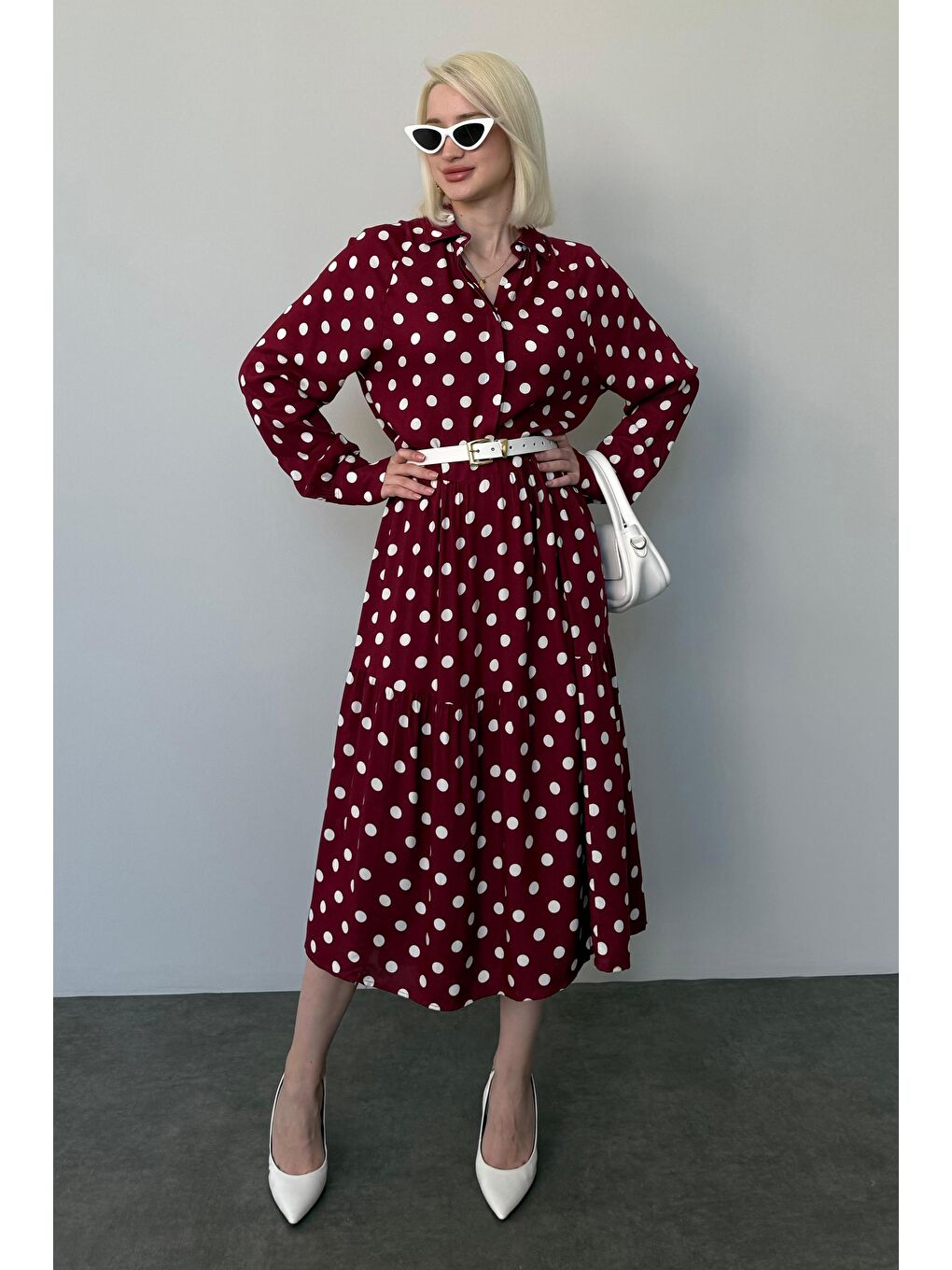 Bordo Uzun Kollu Düğmeli Desenli Elbise Mg2430-1