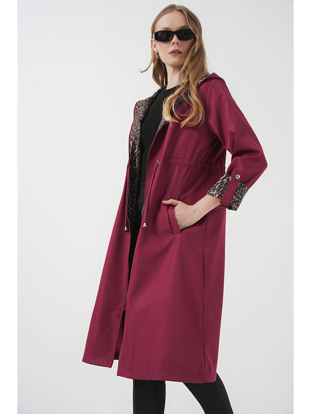 9091 Beli Büzgülü Kapüşonlu Trençkot   Bordo-1