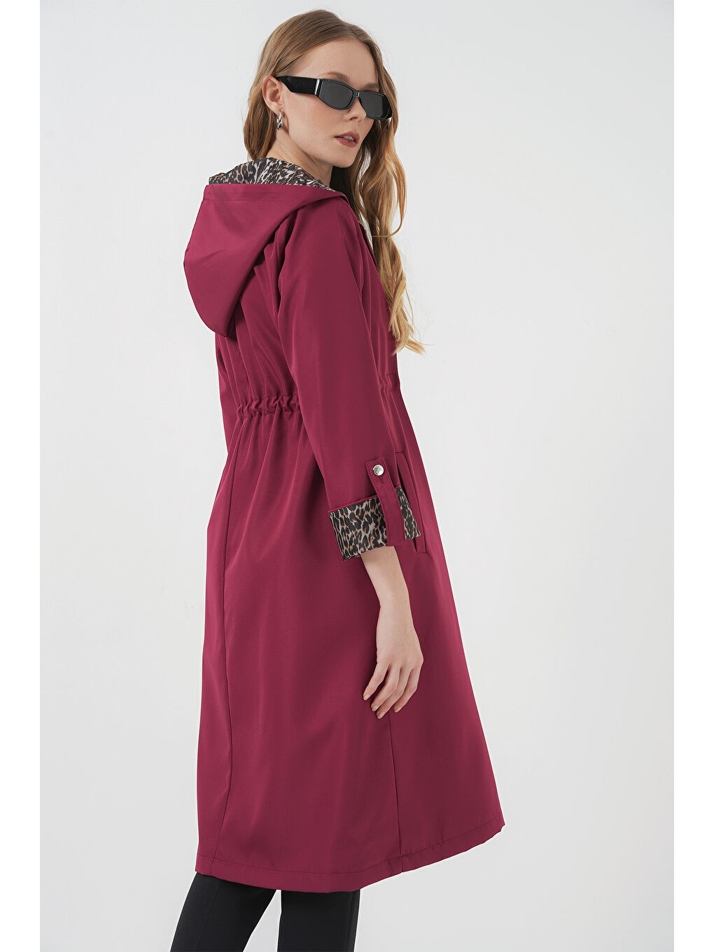 9091 Beli Büzgülü Kapüşonlu Trençkot   Bordo-2