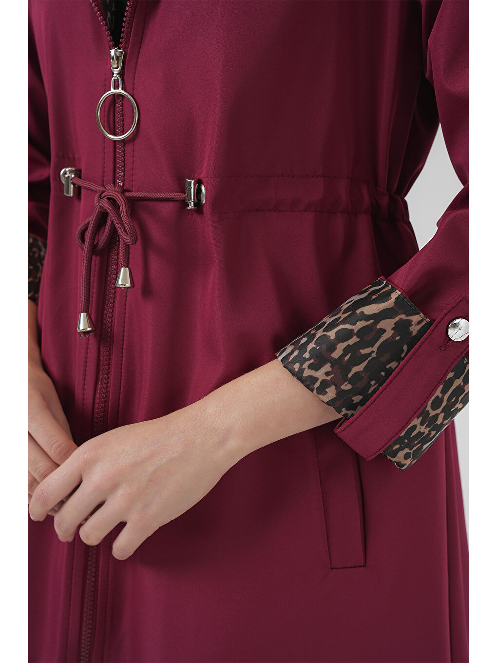 9091 Beli Büzgülü Kapüşonlu Trençkot   Bordo-5