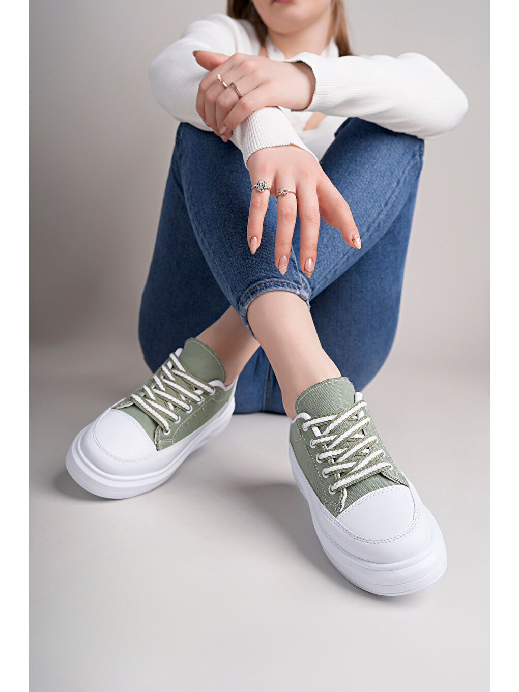 Yeşil Kadın Yüksek Taban Dama Desenli Günlük Ayakkabı