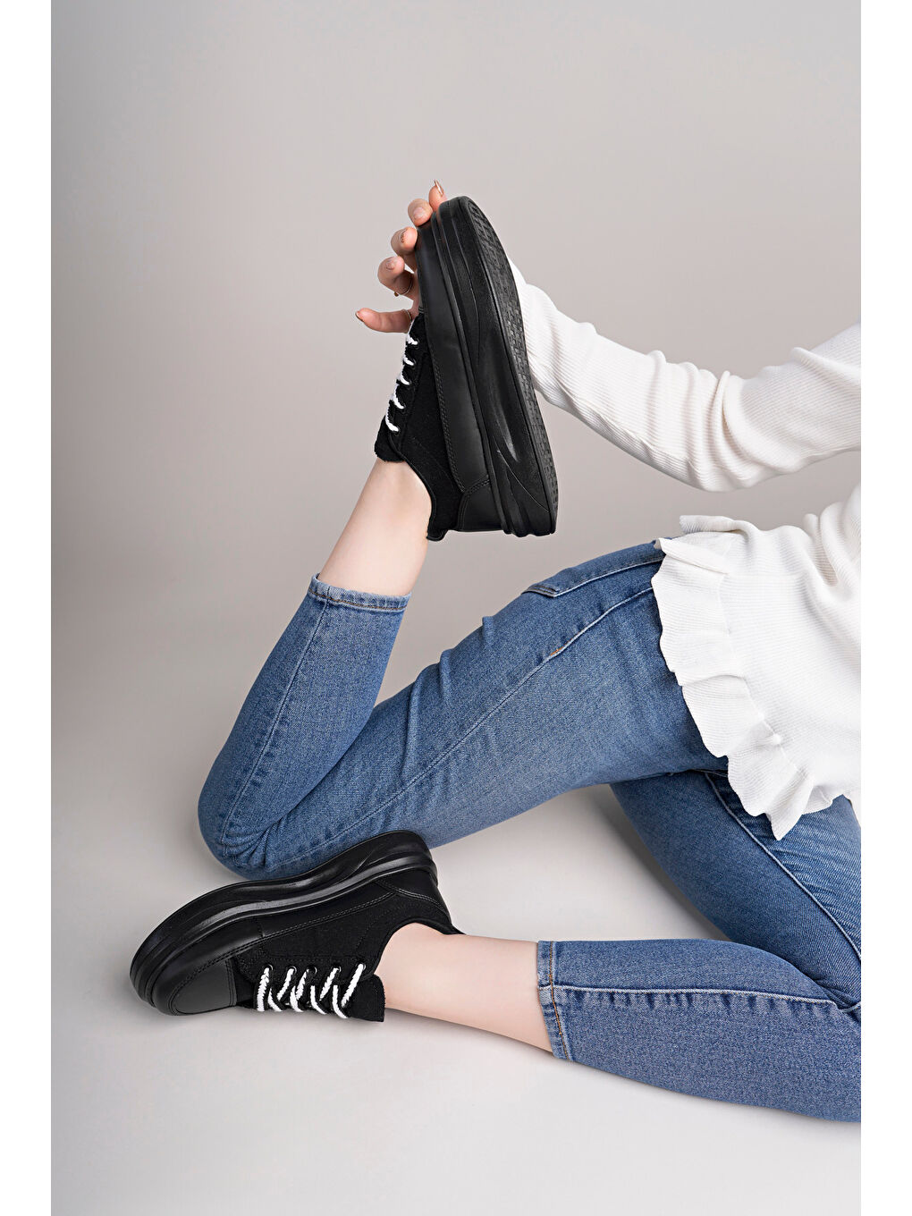 Siyah Kadın Yüksek Taban Dama Desenli Günlük Ayakkabı-4